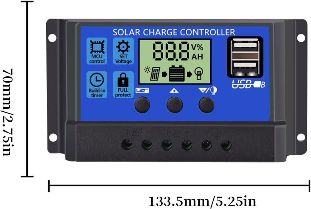 10A/20A/30A Solar Panel Charge Controller 12V/24V LCD Regulator Auto Dual USB