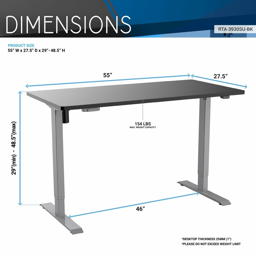 Adjustable Electronic Sit to Stand Desk with Simple 2-Button Setup (55" x 27")