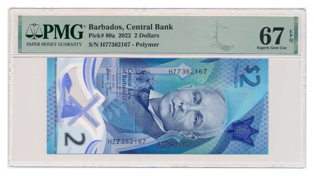 BARBADOS banknote 2 Dollars 2022 PMG MS 67 EPQ Superb Gem Uncirculated