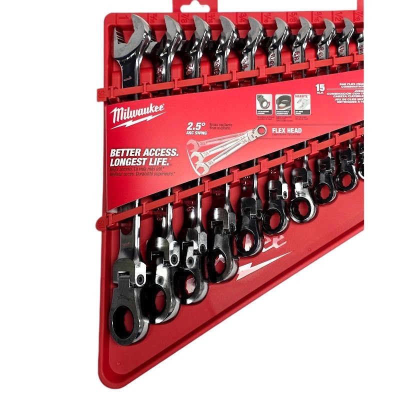 Milwaukee 48-22-9413 Flex Head Ratcheting SAE Combination Wrench Set - 15 PC