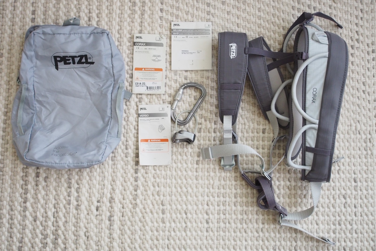 NEW Petzl Corax Size 2 Climbing Harness w/ AM'D Carabiner & Verso Belay Device