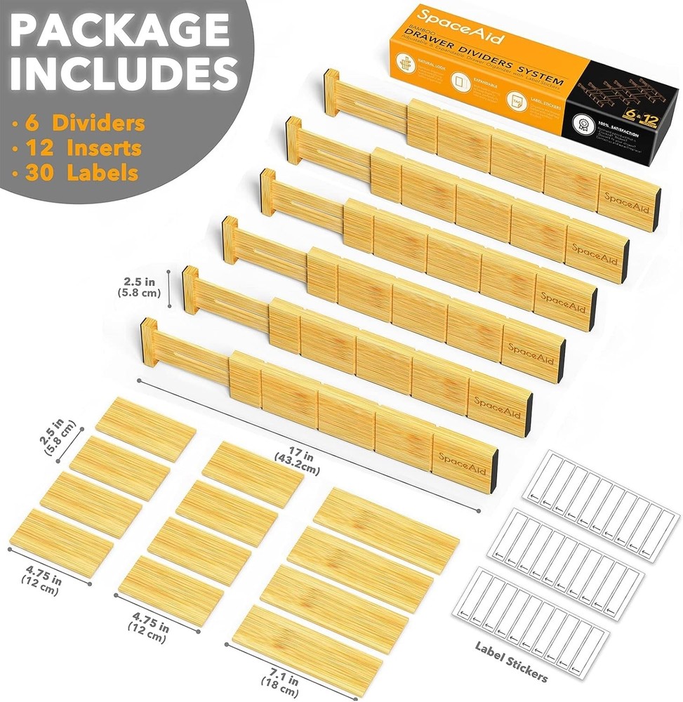 SpaceAid Bamboo 6 Drawer Dividers w/ 12 Inserts, Labels, Adjustable