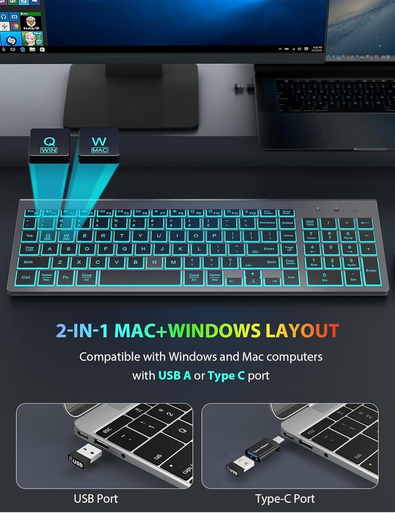 Wireless Keyboard and Mouse Combo Backlit - Compact Quiet Keyboard with RGB M...