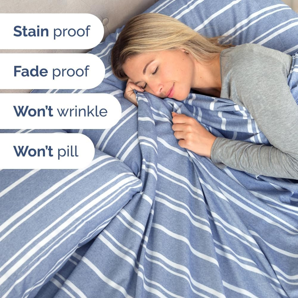 Queen 4-Piece Blue Stripes Sheet Set & 2" Memory Foam Topper