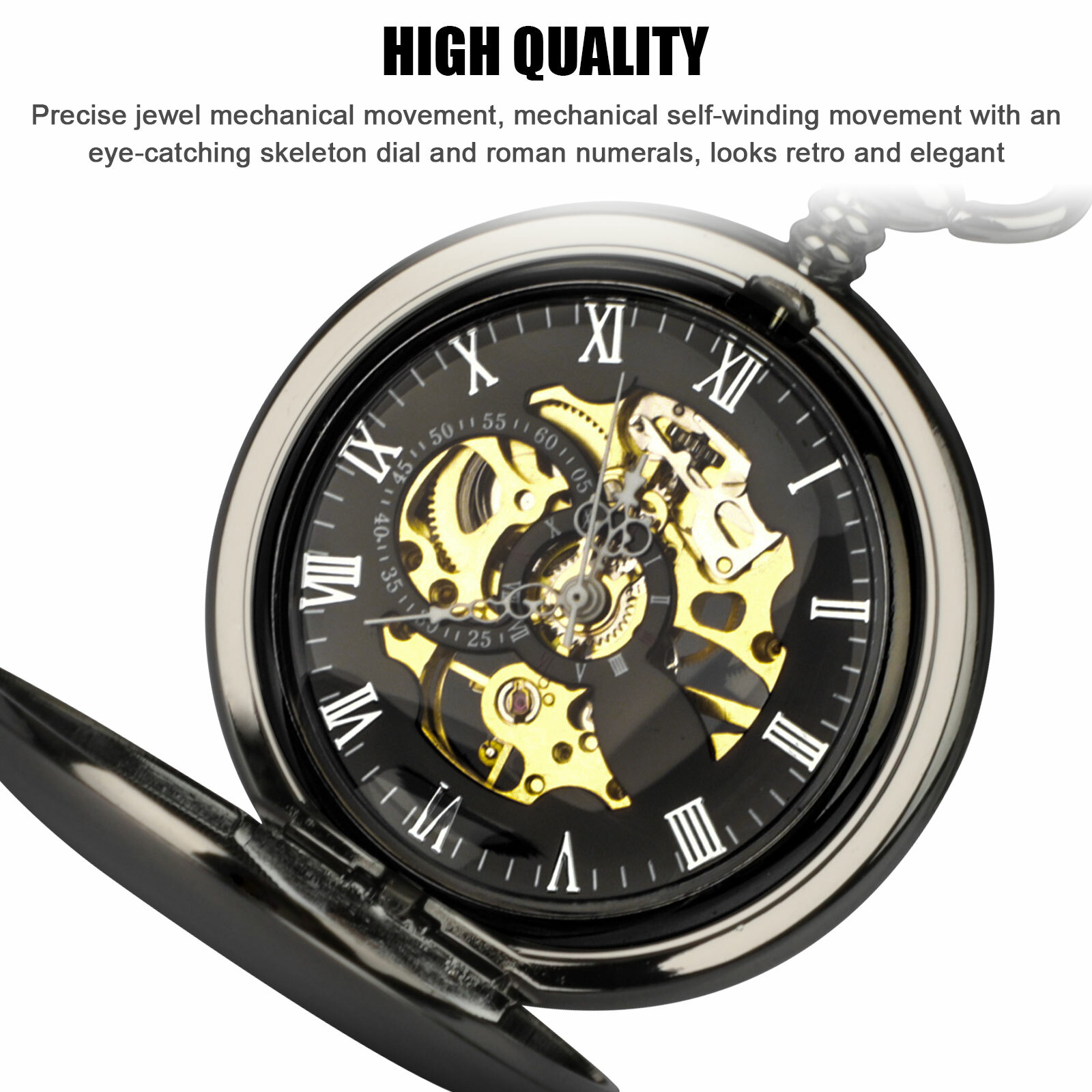 Mens Pocket Watch Mechanical Black Steampunk Skeleton Retro Chain Luxury Classic