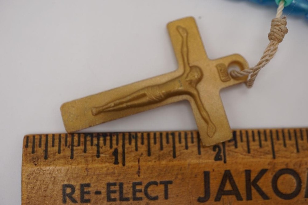 Blue Plastic Beaded Chain Rosary Necklace Cross Pendant