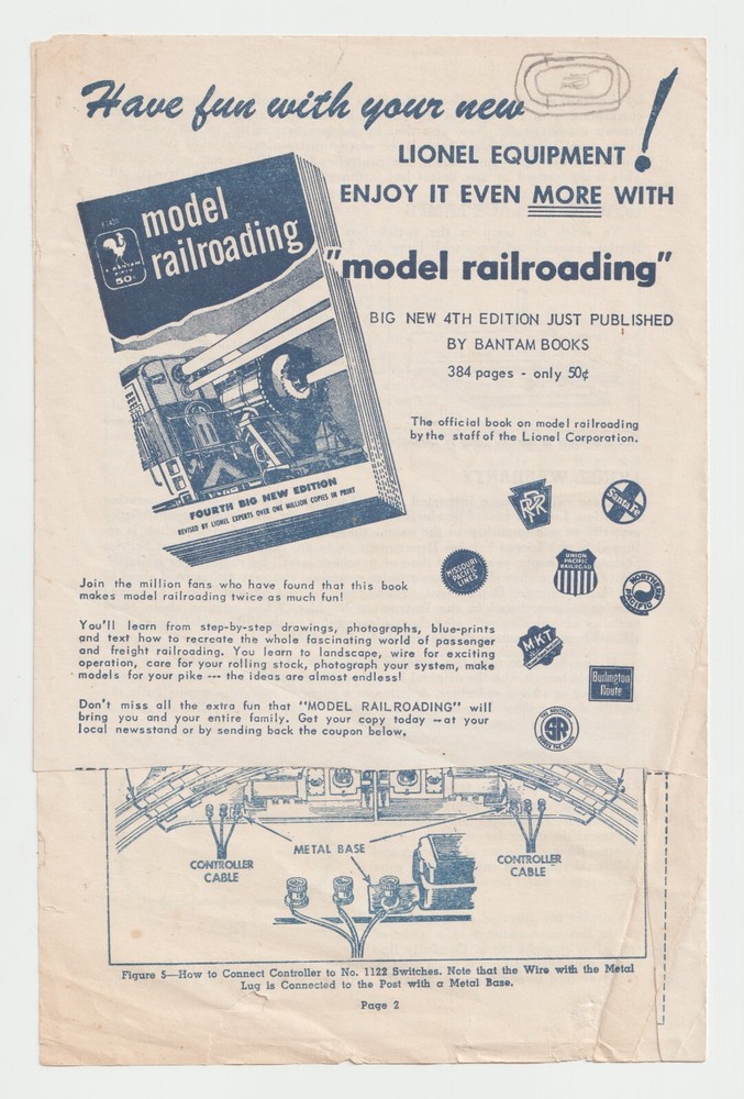 C1956 Lionel Install Instruction No 260 Bumper Operate 1122(E) Switch Model RR