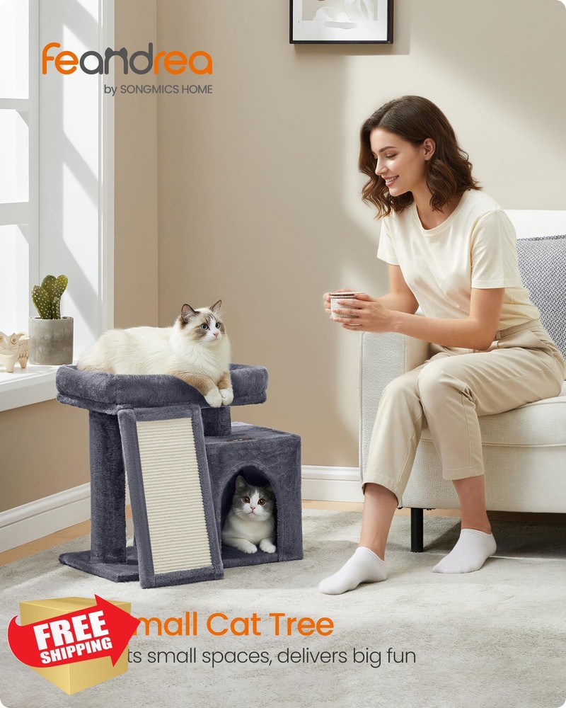 Feandrea Small Cat Tree, Condo, Scratching Ramp, Dark Gray