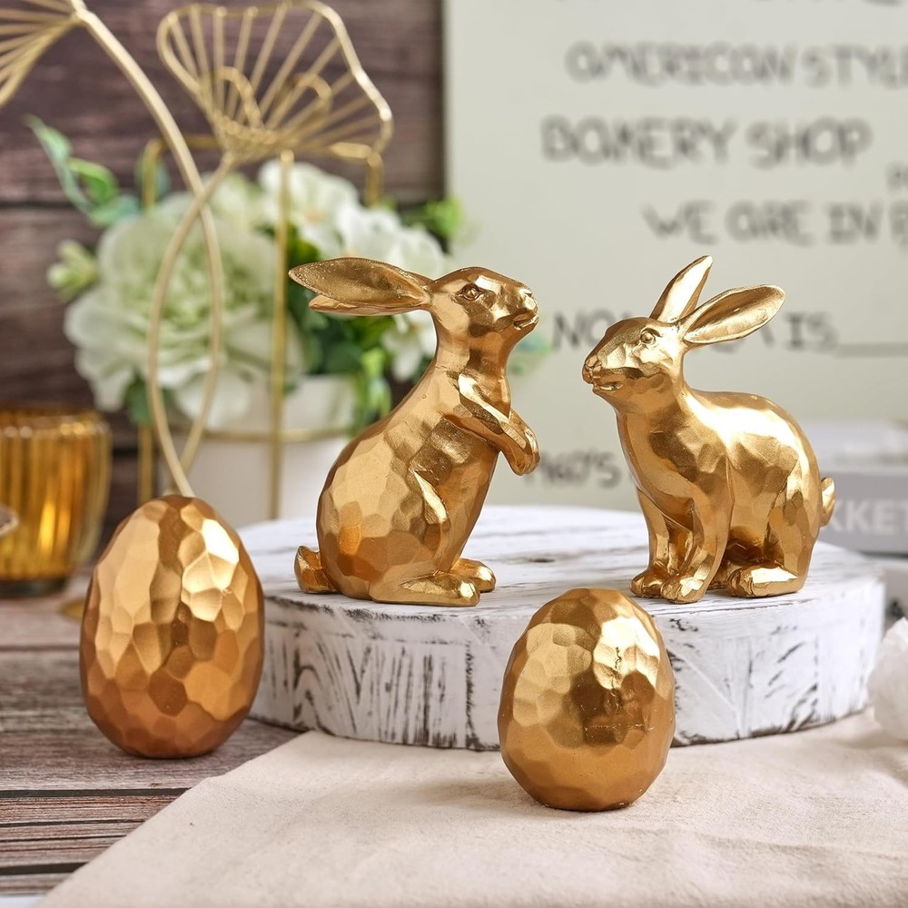 Gold Easter Bunny and Egg Set, 4Pcs Resin Easter Rabbit and Egg Figurines, Small