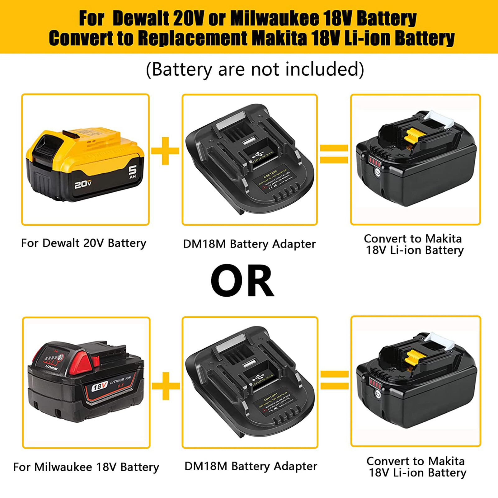 USB Battery Adapter for Dewalt 20V Milwaukee 18V Convert to Makita 18V Tool