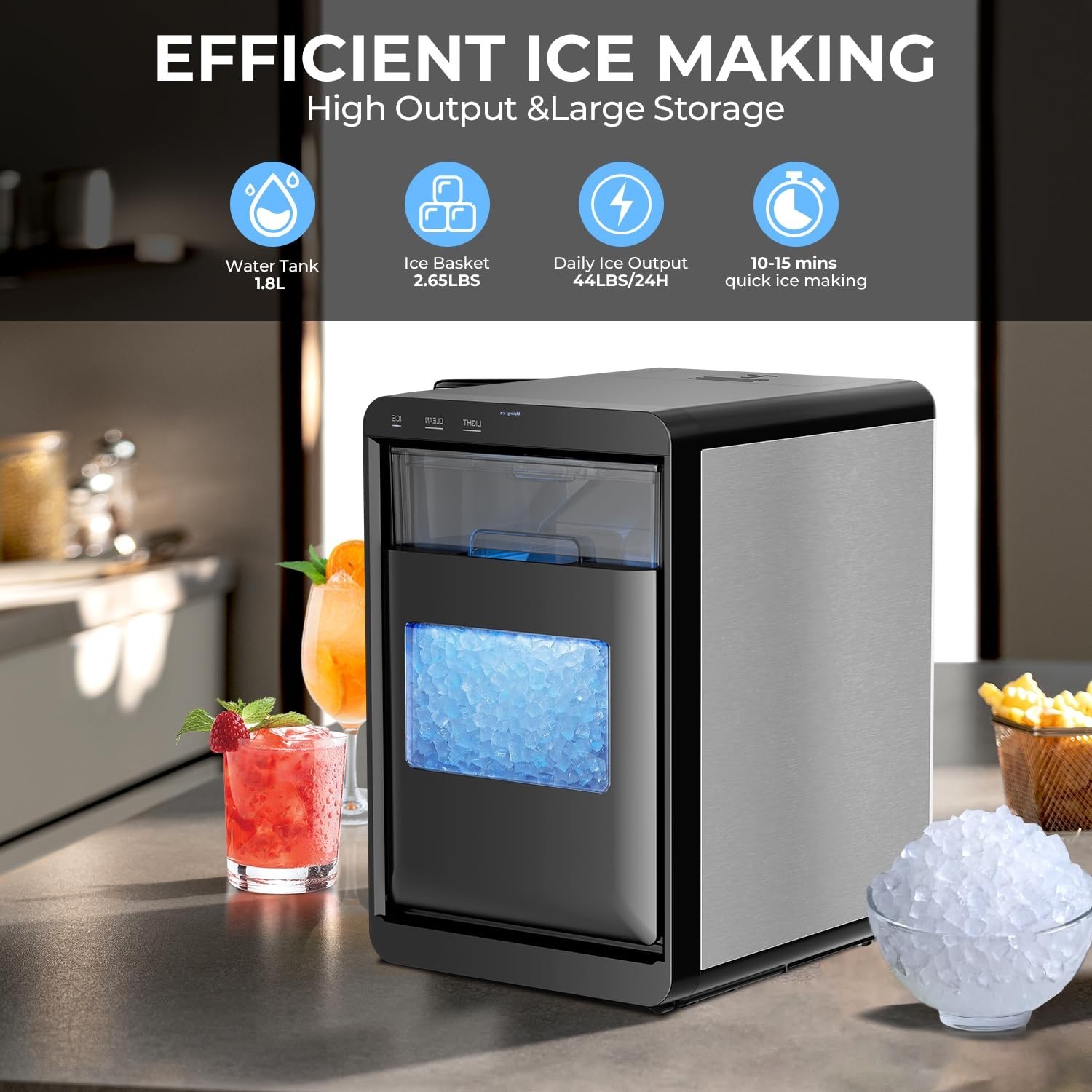 Nugget Ice Maker Countertop - 44LB/Day, Self-Cleaning Portable Ice Machine with