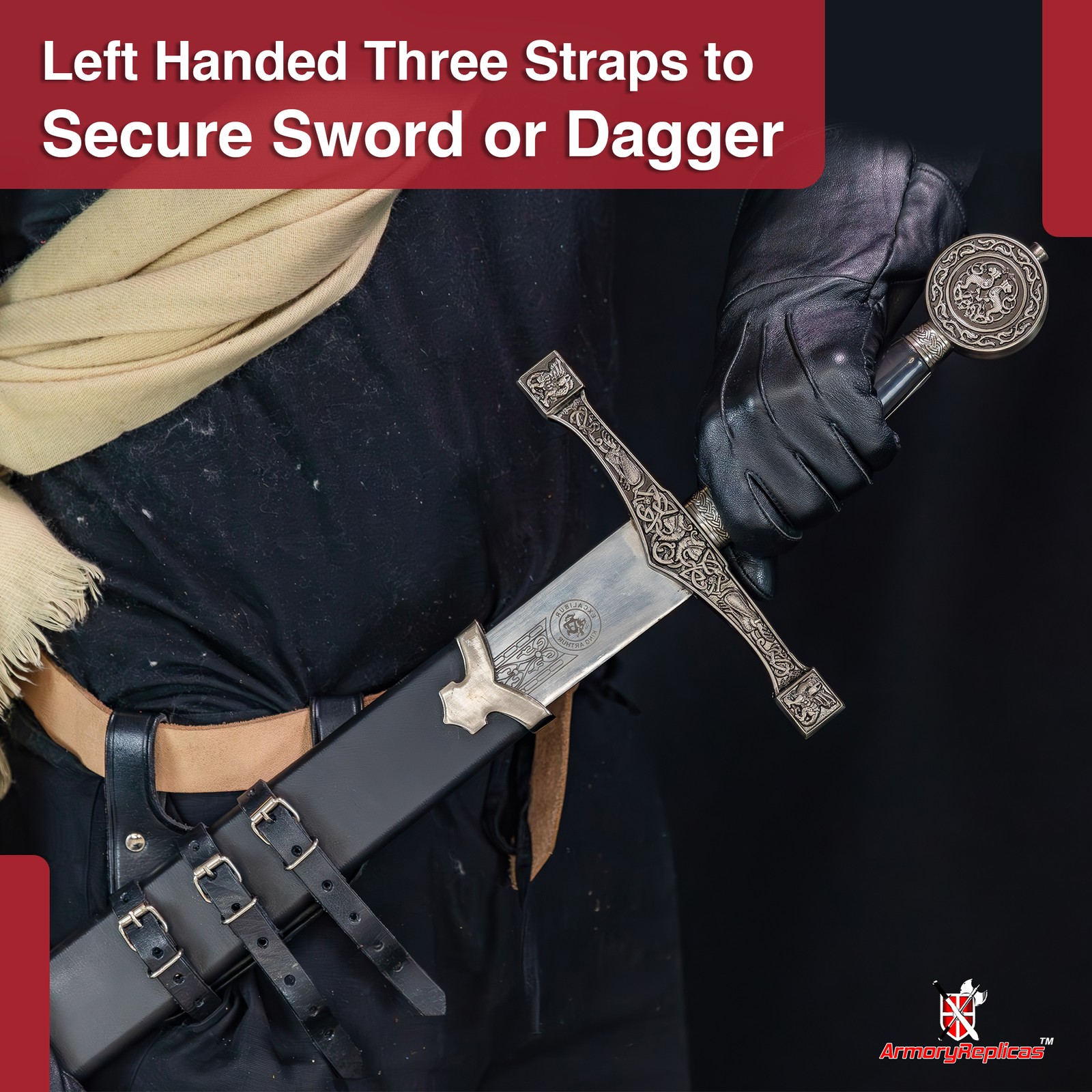 Medieval Functional Ace Dueler 3-Strap Genuine Leather Sword Frog Adjustable L/R