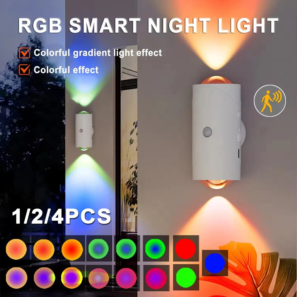 1/2/4 PCS Smart LED Night Light with Motion Sensor USB Rechargeable RGB Gradient