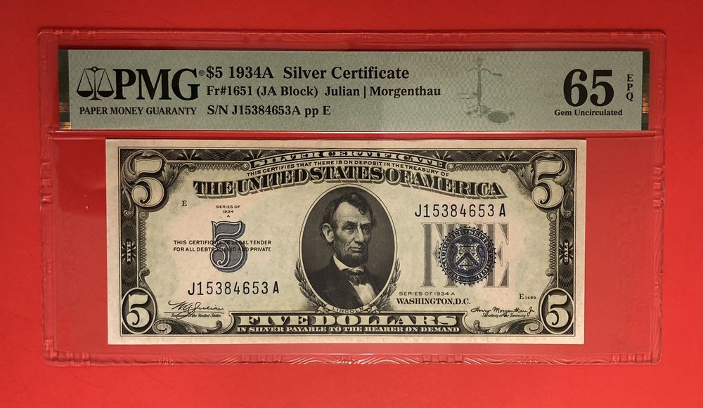 1934A-$5 SILVER CERTIFICATE NOTE,GRADED BY PMG GEM UNCIRCULATED 65 EPQ.