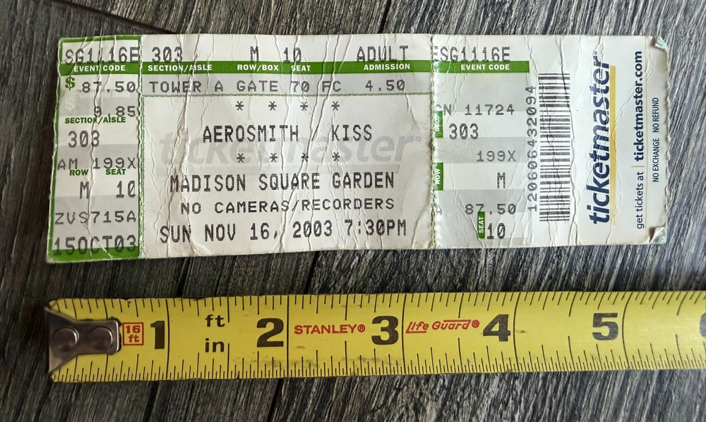 KISS Full Ticket Stub Madison Square Garden Concert 2003 Aerosmith Vintage Kiss
