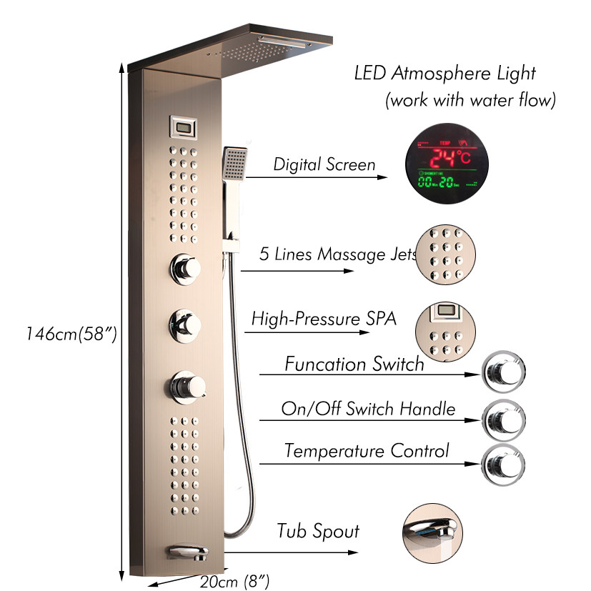 Rose Gold Rain Shower Panel Digital Display Massage System Wall Mount Mixer Tap