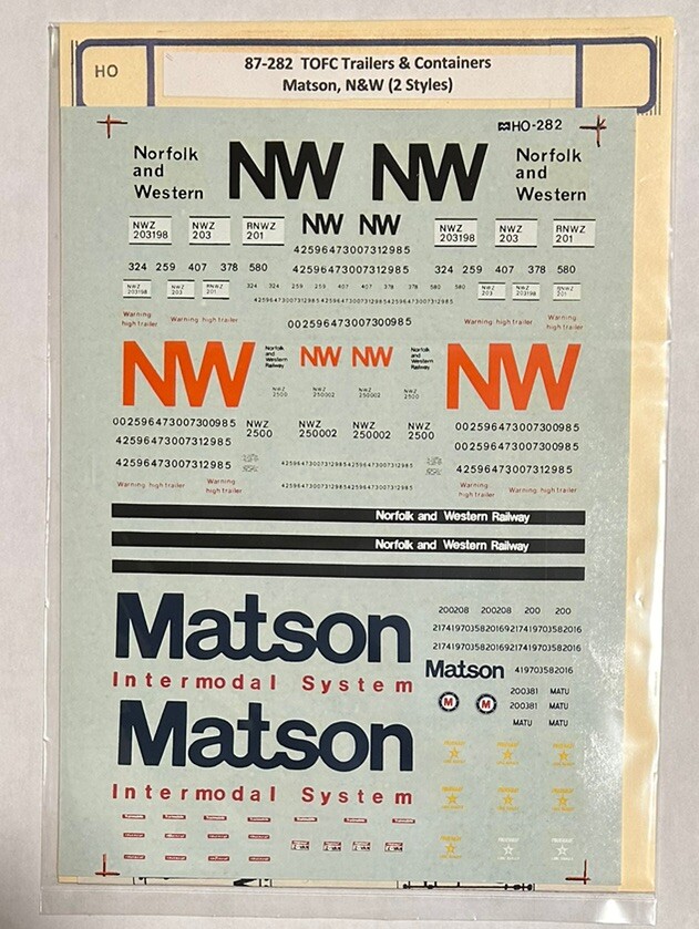 MICROSCALE HO DECAL-TOFC TRAILERS/CONTAINERS: MATSON/2-DIFF N&W  #87-282