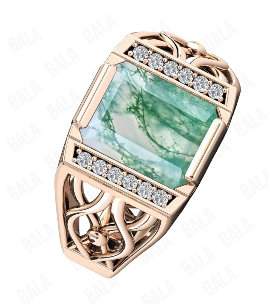 Handmade 925 Sterling Silver Moss Agate Ring, Rectangular Gothic Statement Ring