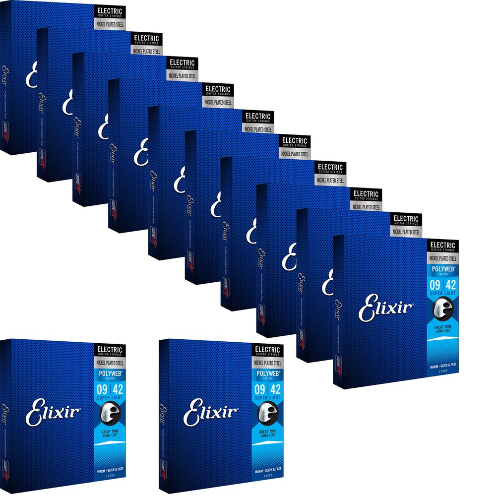 12 Sets Elixir 12000 Electric Nickel POLYWEB Guitar Strings 9-42