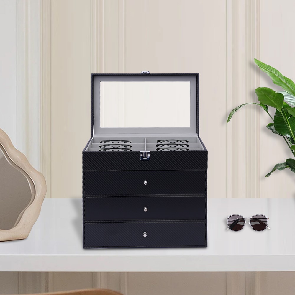 Glasses display box, 24 compartments, with clear skylight, black
