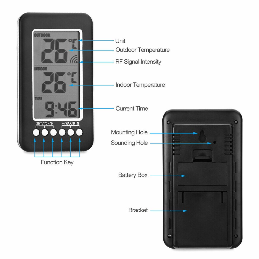 Wireless Digital Thermometer Indoor Outdoor LCD Clock Temperature Transmitter US