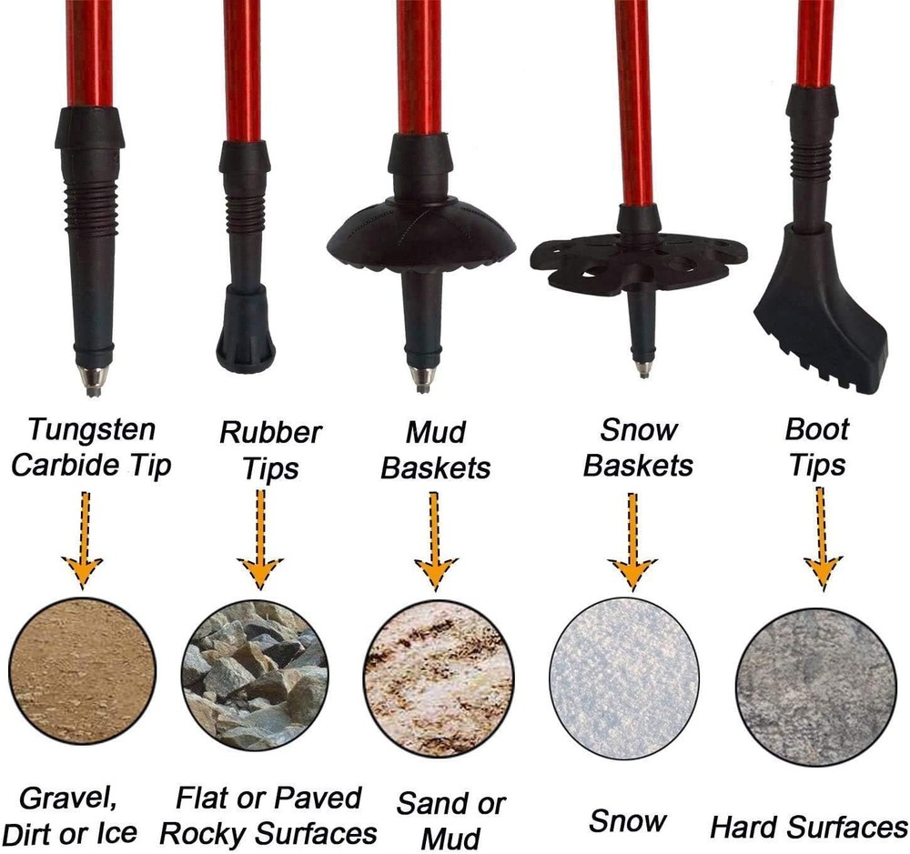 Red Aluminum Trekking Poles 2 Count - Anti-Shock, Collapsible & Replaceable Tips
