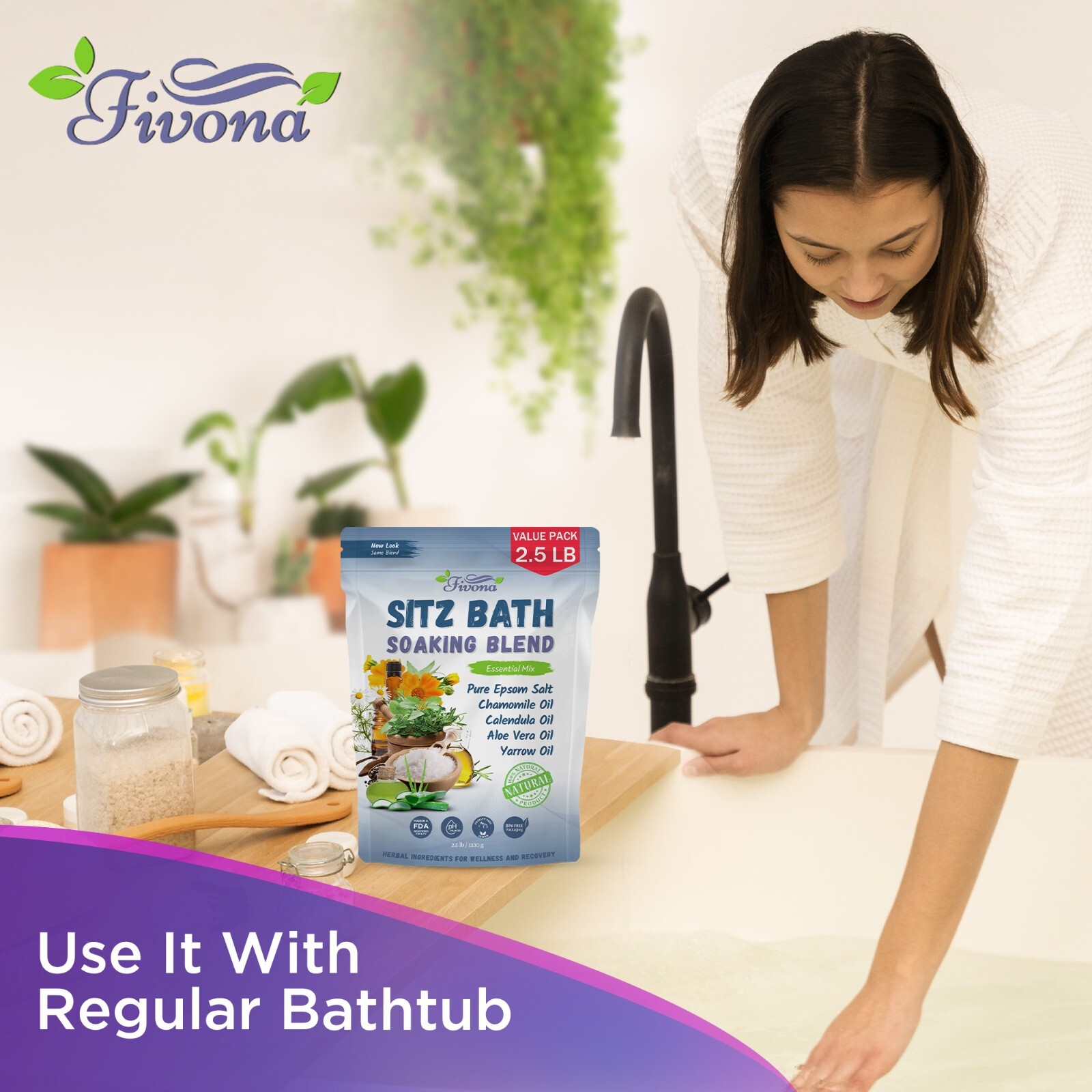 Fivona 40oz Epsom Salt Sitz Bath Soak Blend for Hemorrhoids and Postpartum Care