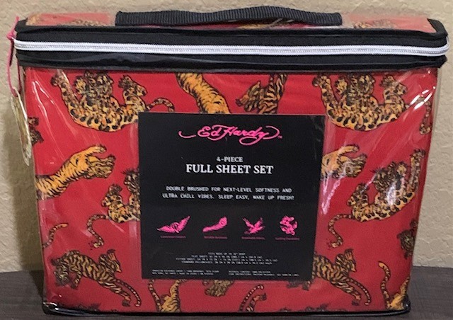 Ed Hardy Red with Crouching Tigers Print 4pc FULL Sheet Set