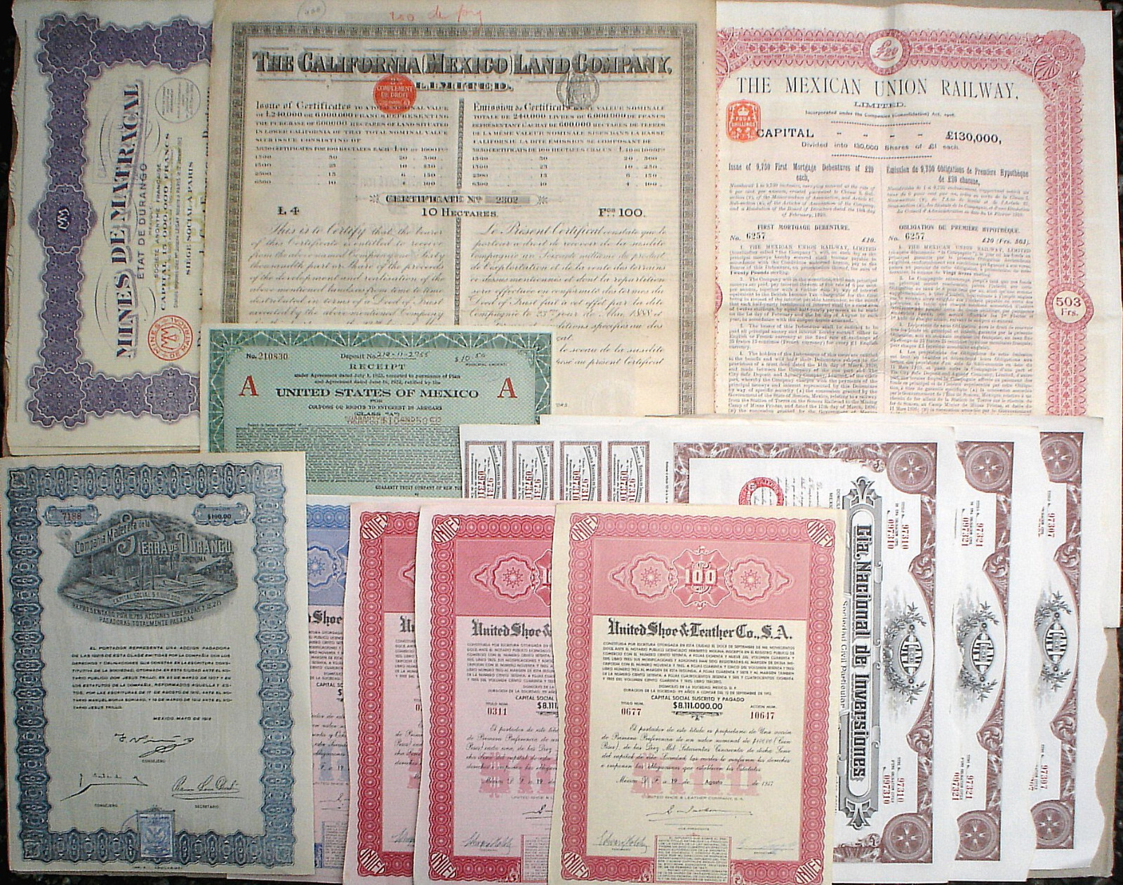 Mexico 20 x Mexican Stocks & Bonds uncancelled + coupons