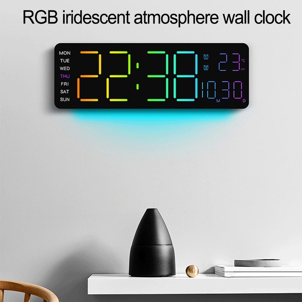 Digital RGB Wall Clock with Remote Control Temp Date Week Adjustable Brightness