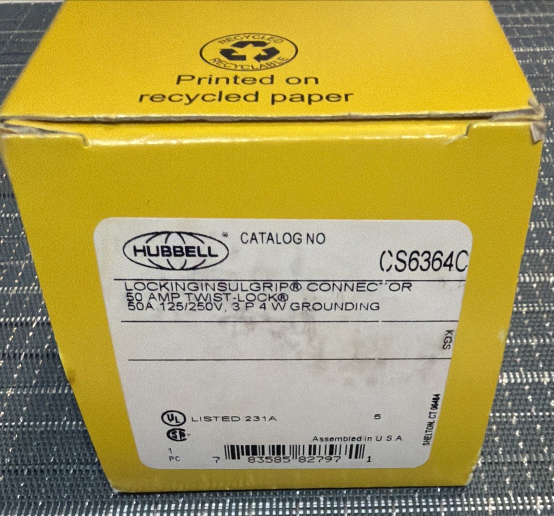 HUBBELL TWIST-LOCK INSULGRIP CS6364C FEMALE 50A 125/250VAC CS STYLE 3P 4W GROUND