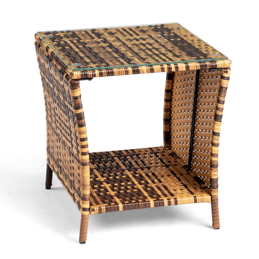 Glass Surface Yellow Gradient Iron Frame Rattan Side Table