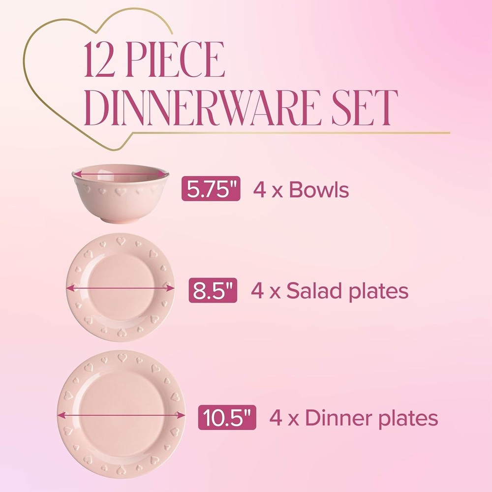 Ceramic Stoneware 12-Piece Dinnerware Set, Embossed Hearts. Iconic