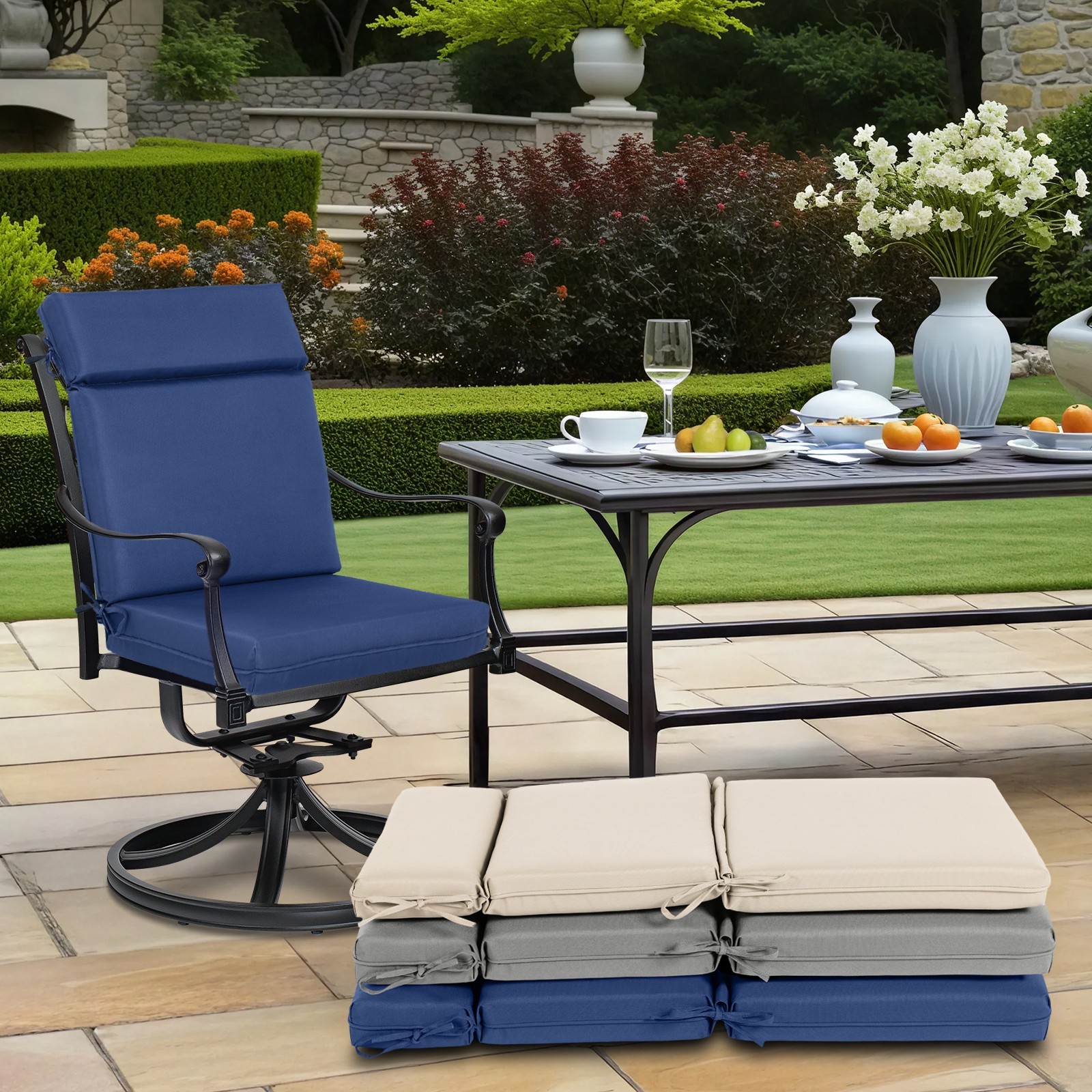 4Pcs Chair Cushions Seat Outdoor Patio High Back Deck Cartridge Cushion with Tie