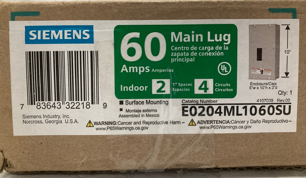 Siemens Main Lug Load Center Electrical Panel 2 Spaces 60 A E0204ML106OSU