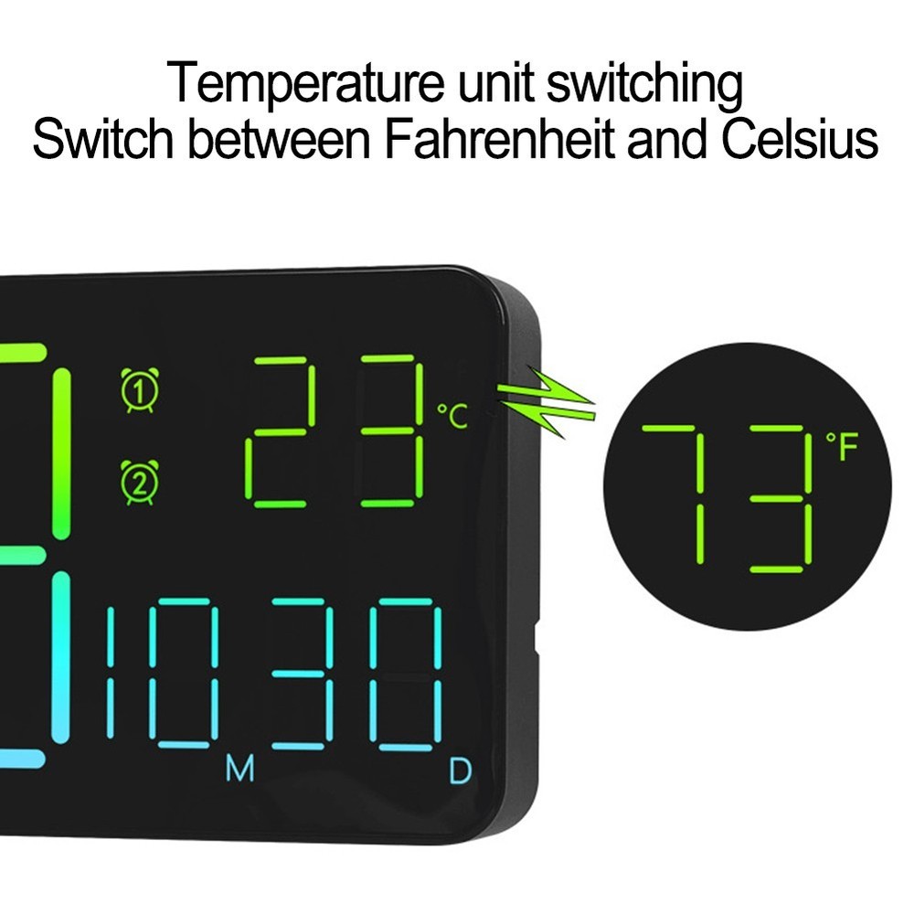Digital RGB Wall Clock with Remote Control Temp Date Week Adjustable Brightness