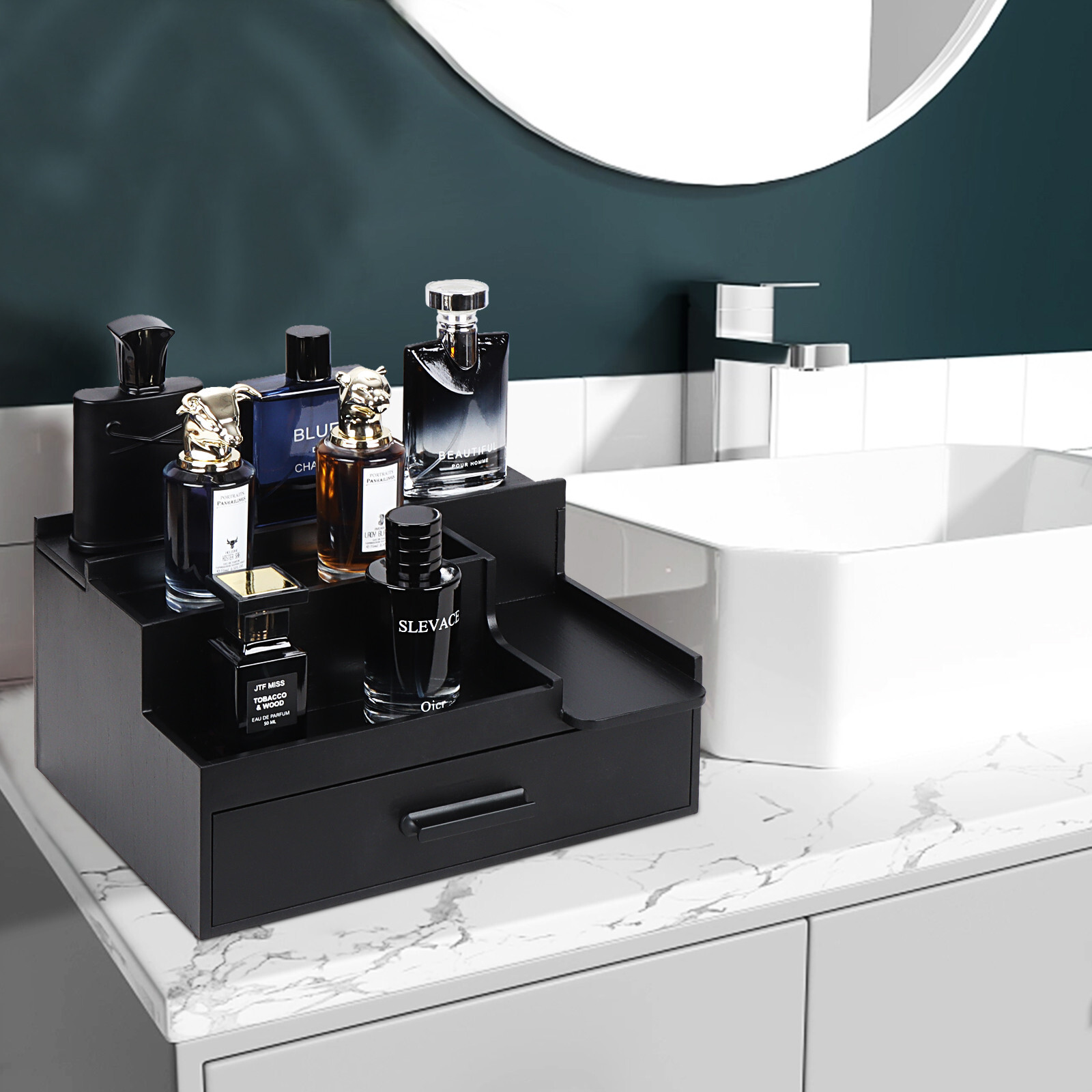 Cologne Organizer for Men 3 Tier Perfume Display Stand Cologne Shelf w/ Drawer