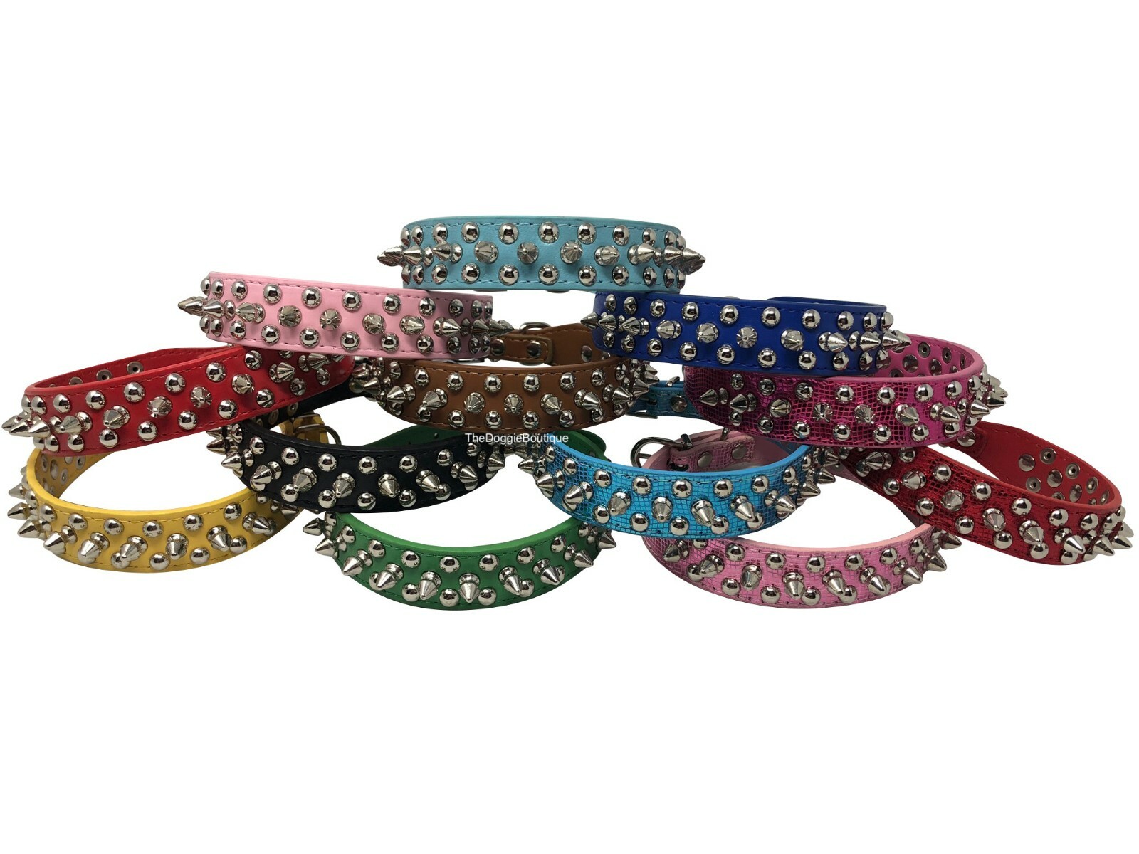 Dog Collar Studded & Spikes Rivet Adjustable 12 Colors Faux Leather 1" w S M L