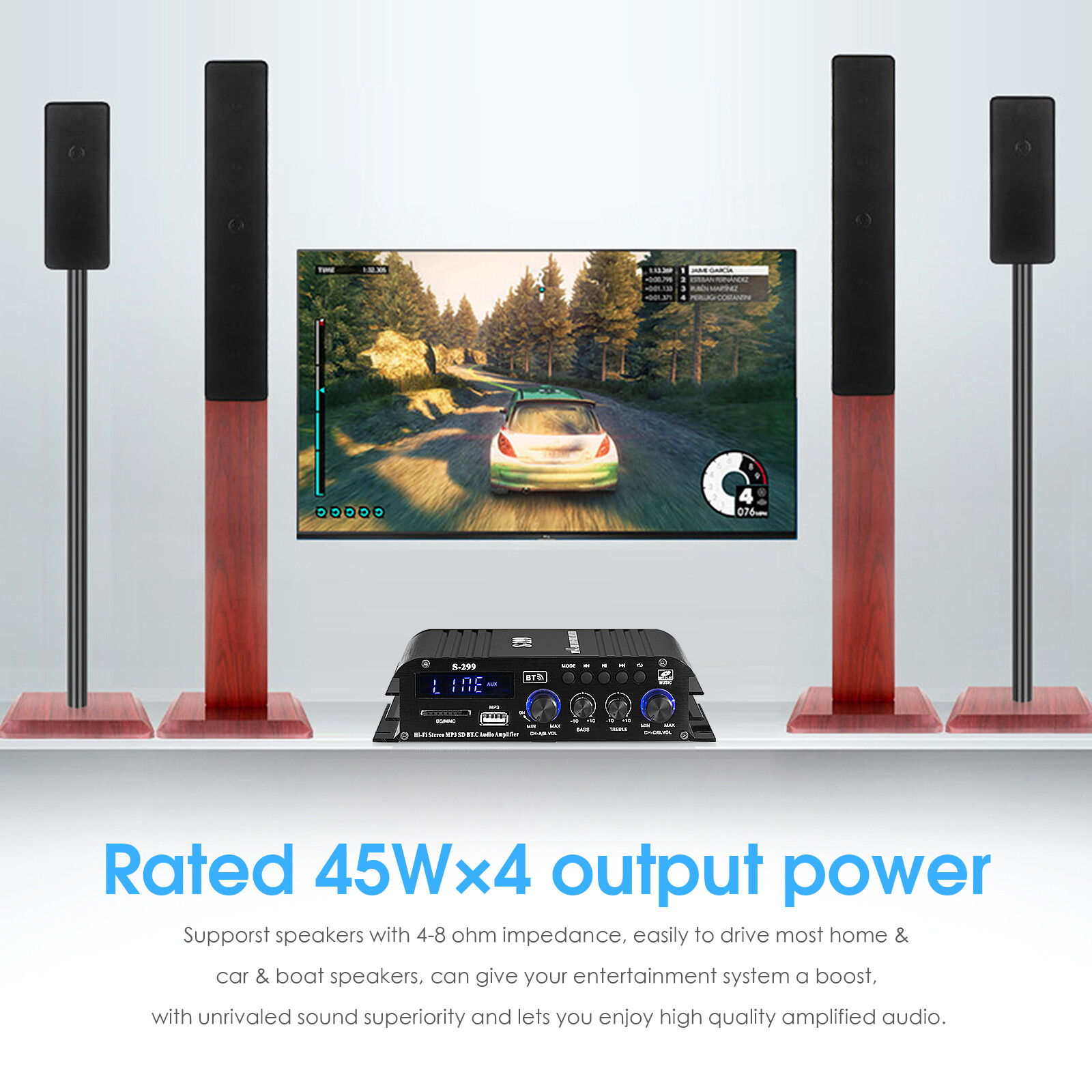 S299 4 Channel Bluetooth Digital Amplifier for Home/Car Speaker Audio Power Amp