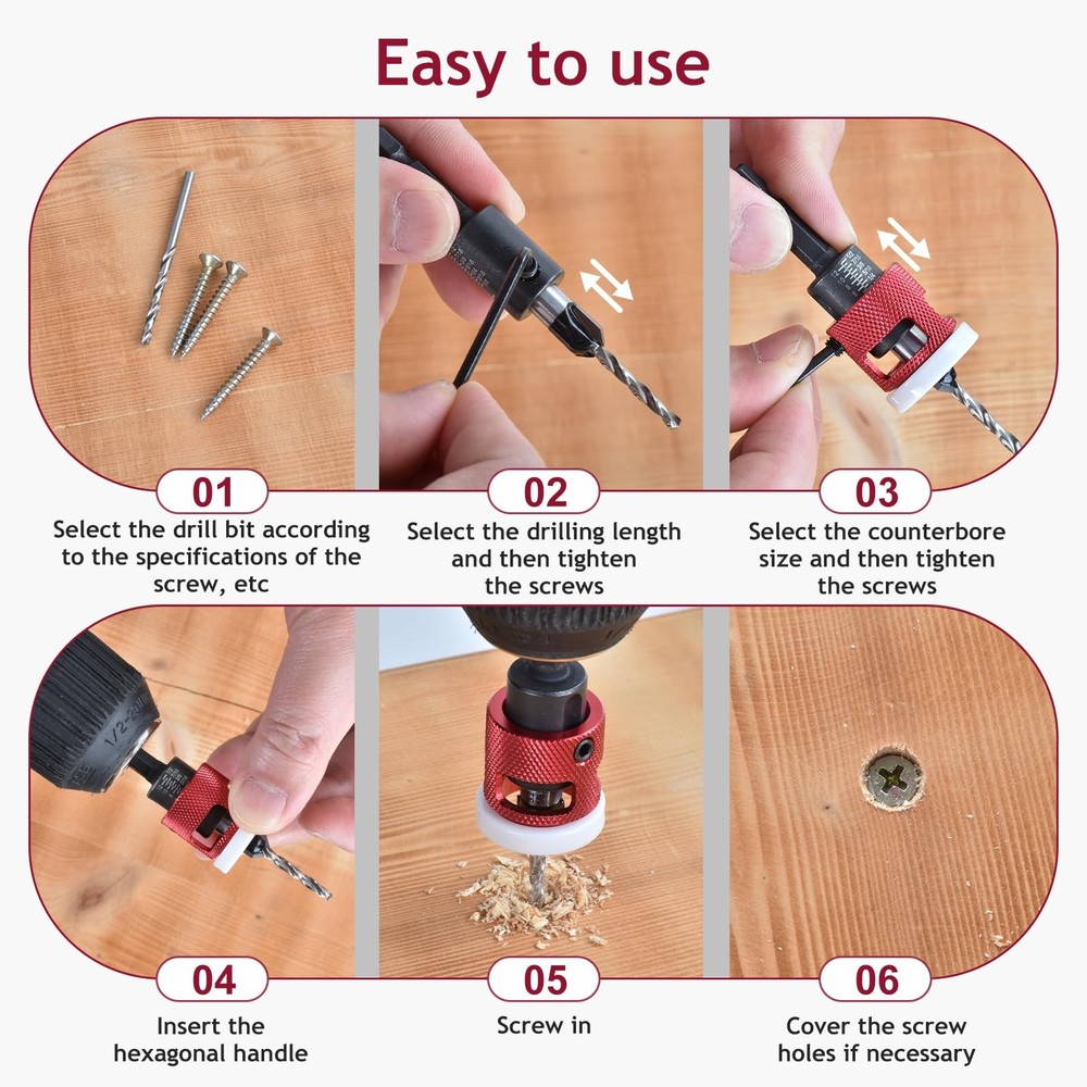 1 Pcs Countersink Drill Bit Set with Low Friction Depth Stop, 1pcs/set, Red