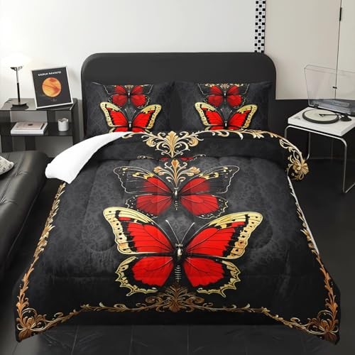 Red and Gold Butterfly Comforter Sets Size Bed Set，Gothic Size Queen Btty24