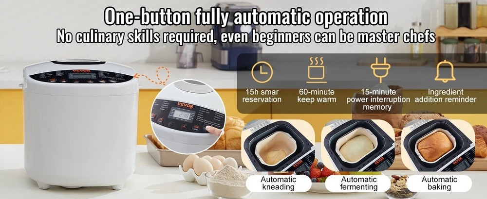 VEVOR 2LB 19-in-1 Bread Maker Automatic Compact Dough Machine Nonstick White