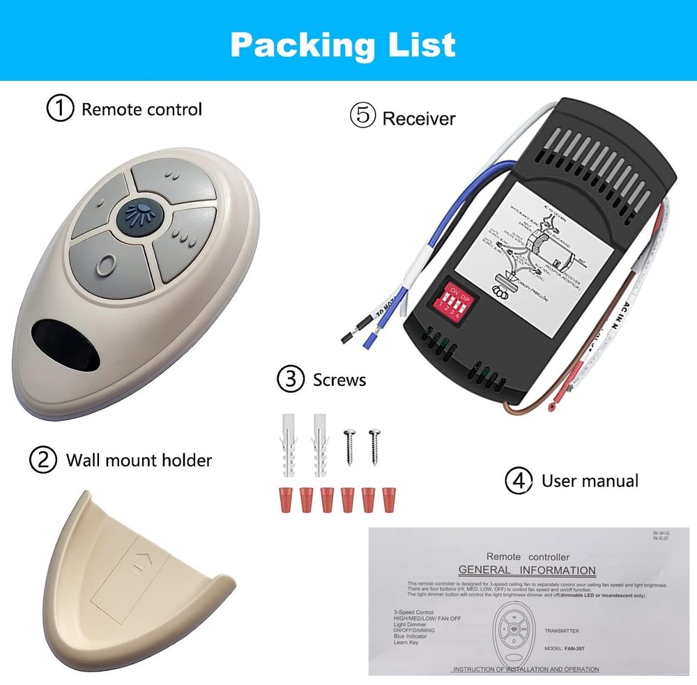 FAN-35T Ceiling Fan Remote Control Kit, for Harbor Breeze, Hampton Bay, Hunter.