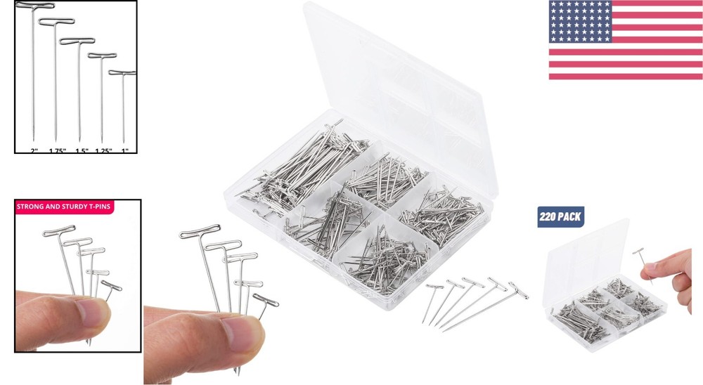 Durable T-Pins Box: 220 Count with Assorted Sizes for Crafting & Office Use