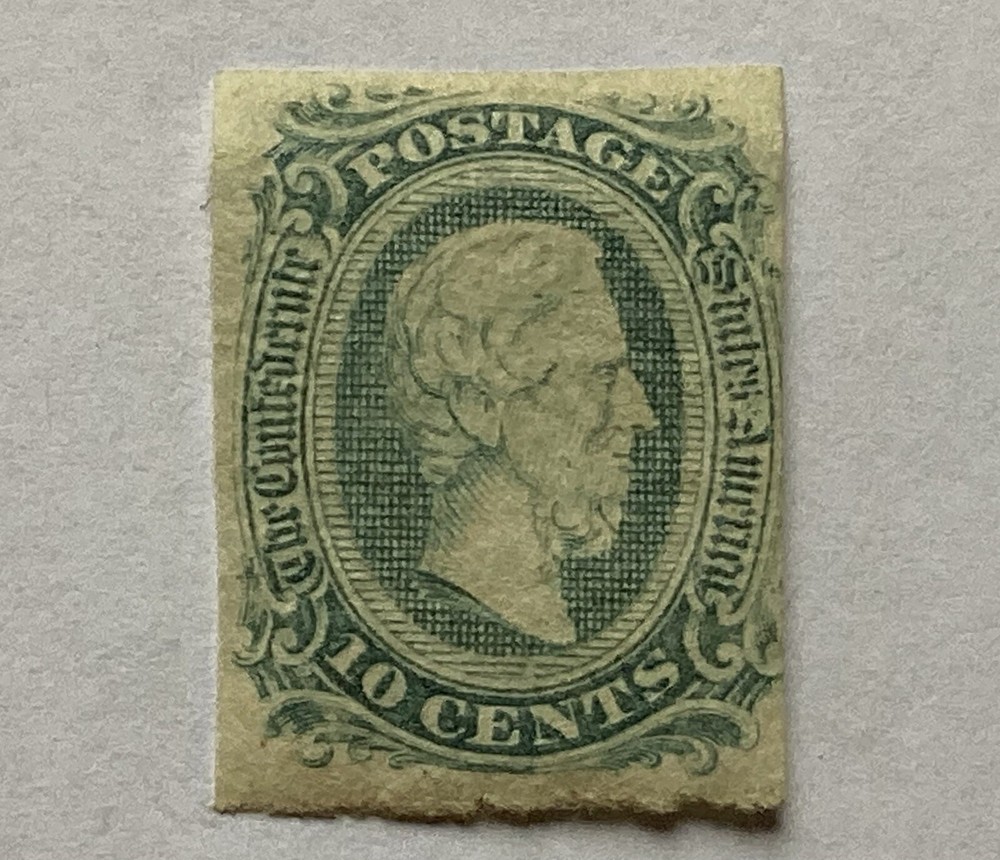 1863-64 CSA, 10 Cent Confederate Stamp, Jefferson, Imperforate, Blue