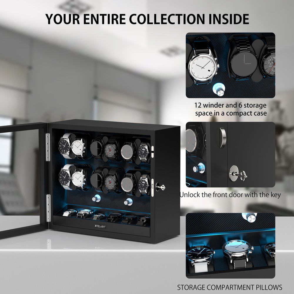 Automatic 12 Watch Winder Box + 6 Extra Storage Display Mabuchi Motors LED Black