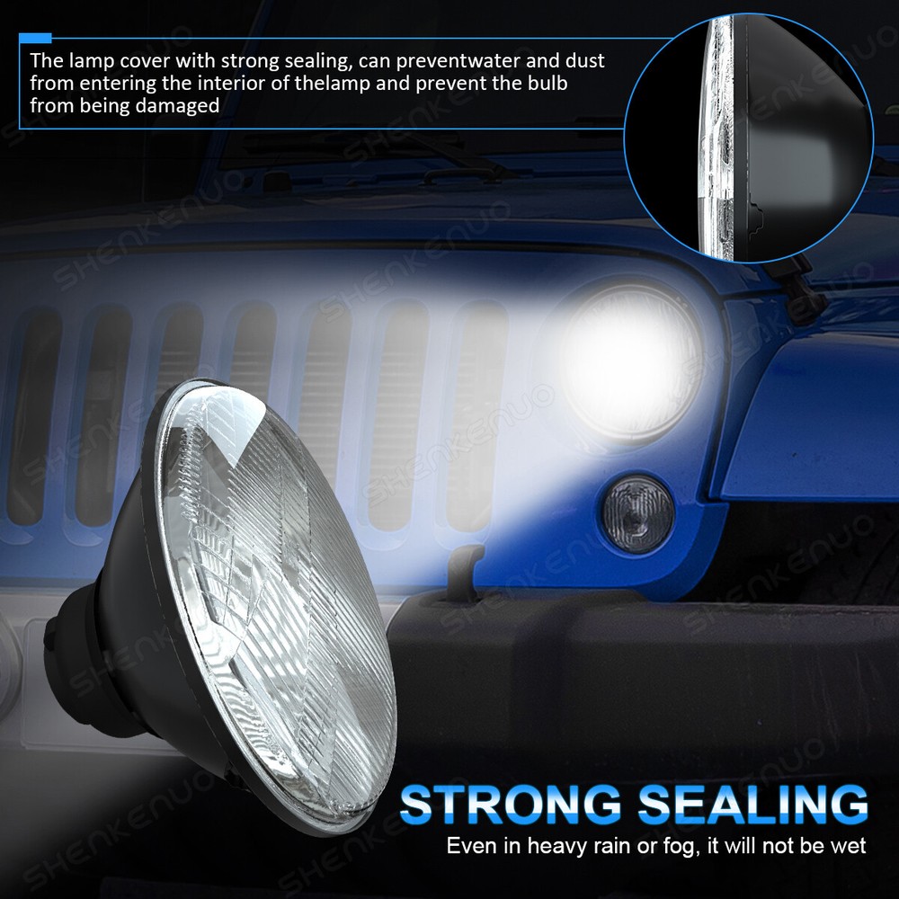 Pair 7 Inch GLASS Round Headlight Housing + H4 LED Bulb CLASSIC Conversion Kit