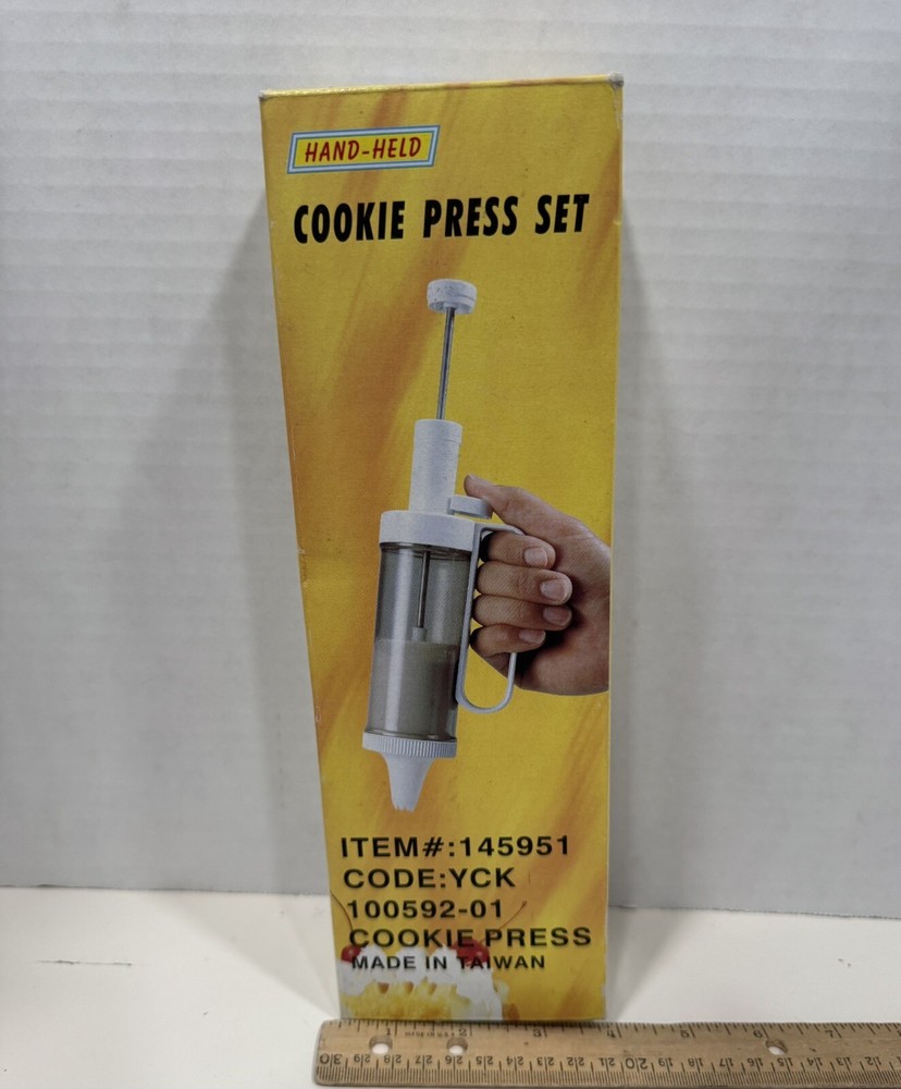 NOS Hand Held Cookie Press Set 24 Decorating Discs 6 Decorating Tips