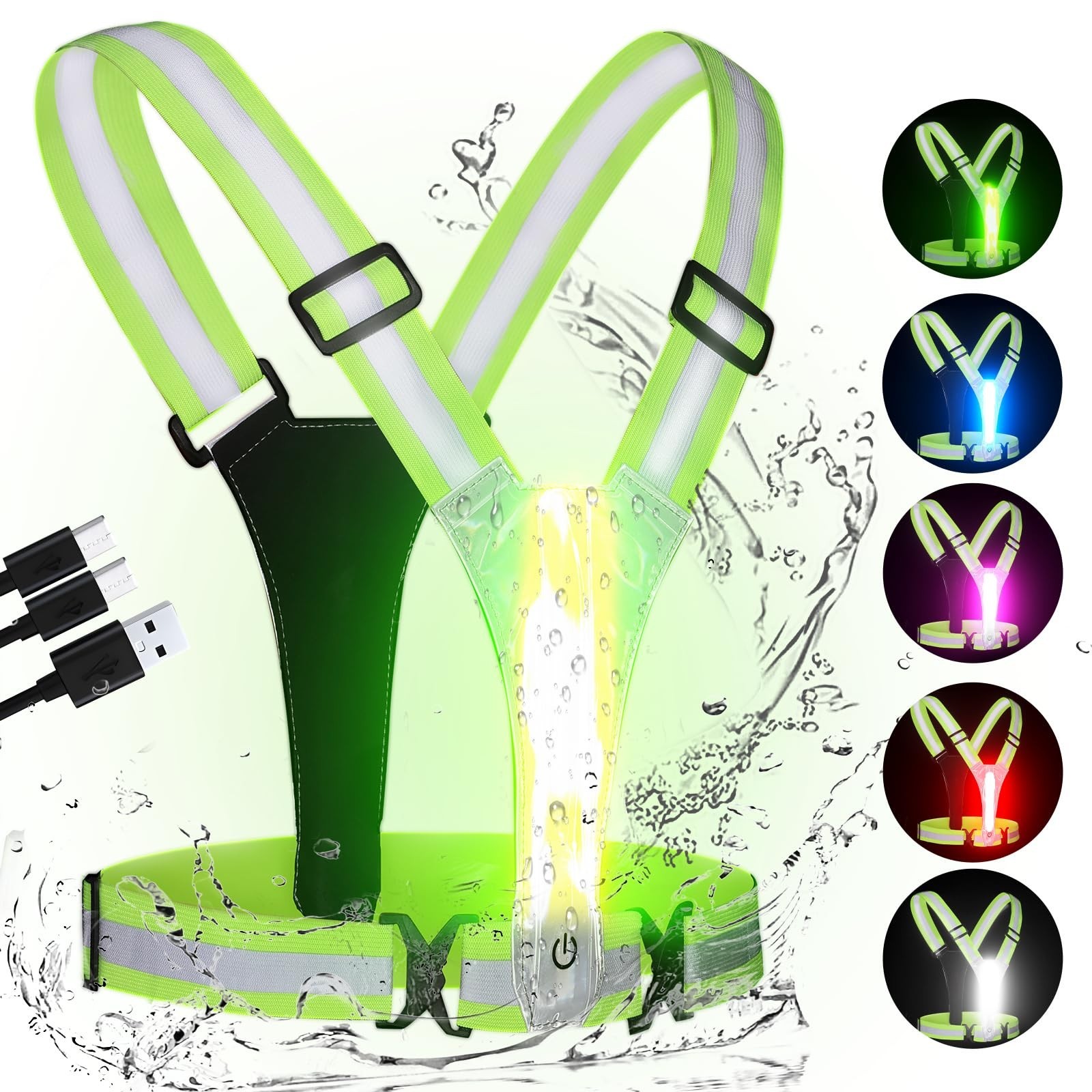 LED Reflective Running Vest - Rechargeable, High Visibility, Adjustable Size for