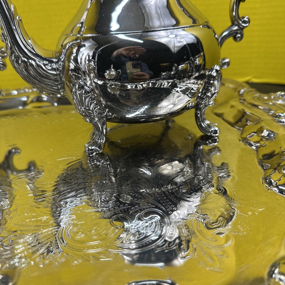 Vintage 5 Pc Silver Plate Hand Chased Floral Tea Coffee Pitcher Set